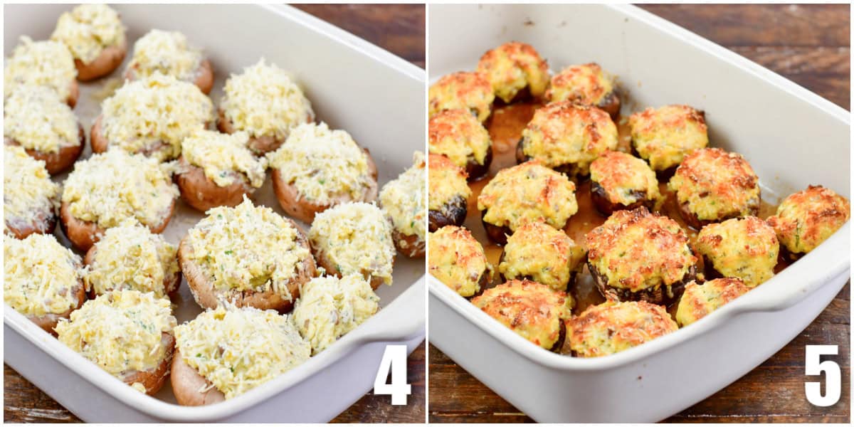 collage of two images of mushrooms stuffed and topped with parmesan before and after baking.