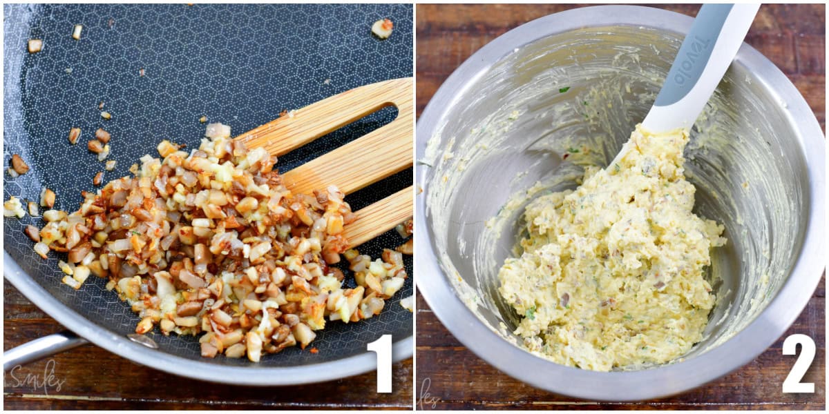 collage of two images of cooking onions and mushrooms and mixing stuffing for mushrooms.