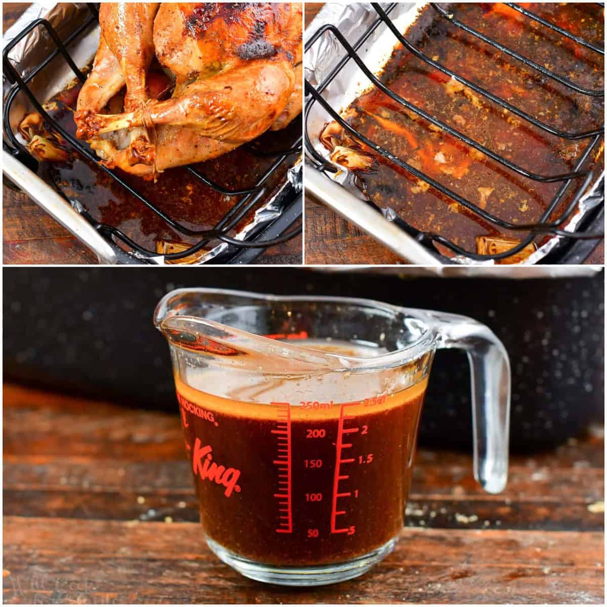 collage of three images of cooked turkey in roasting pan, drippings in the pan and drippings in the cup.