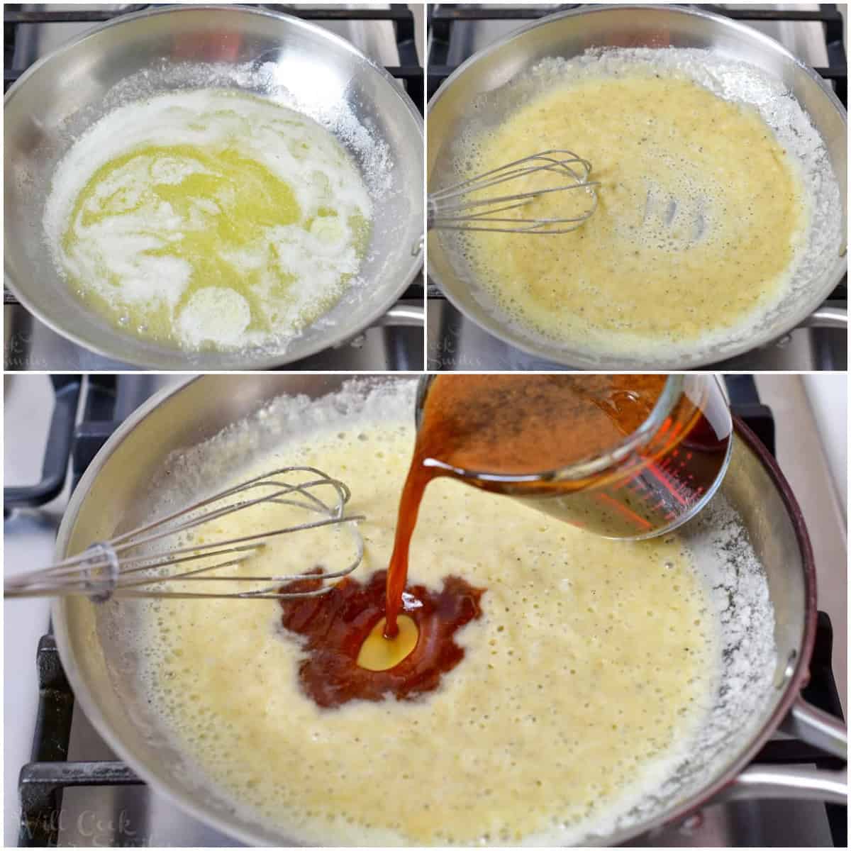 collage of three images of melting butter, mixing in flour, and adding pan drippings.