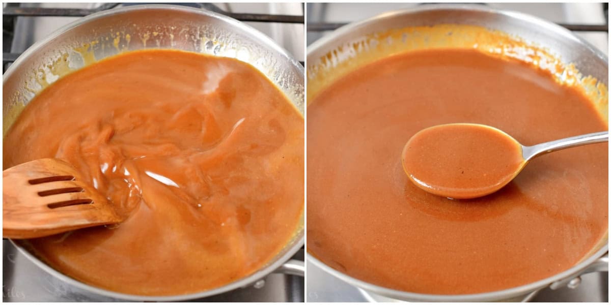 collage of two images of stirring turkey gravy and spooning thickened gravy.