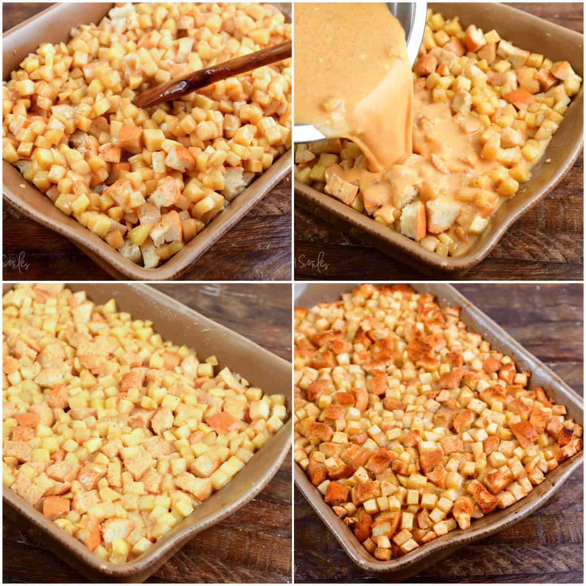 collage of four images of assembling the apple pie bread pudding and baking.