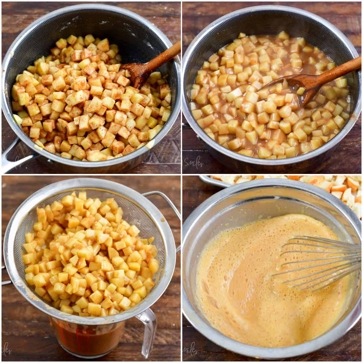 collage of four images of cooking apple topping and whisking egg mixture.