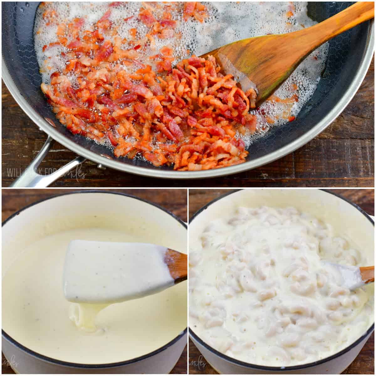 collage of three images of cooking bacon bits and cheese sauce.