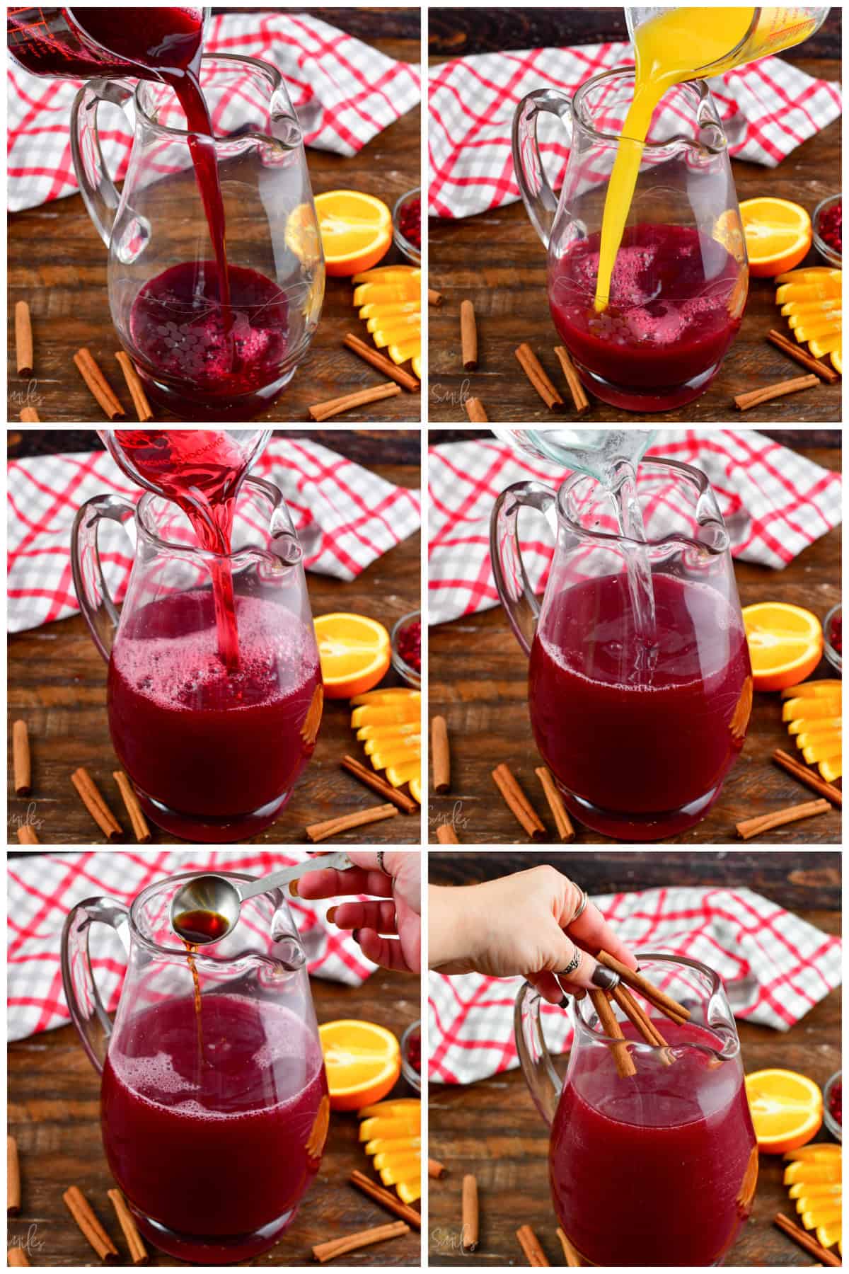 collage of six images of pouring in the ingredients into the pitches for the punch.