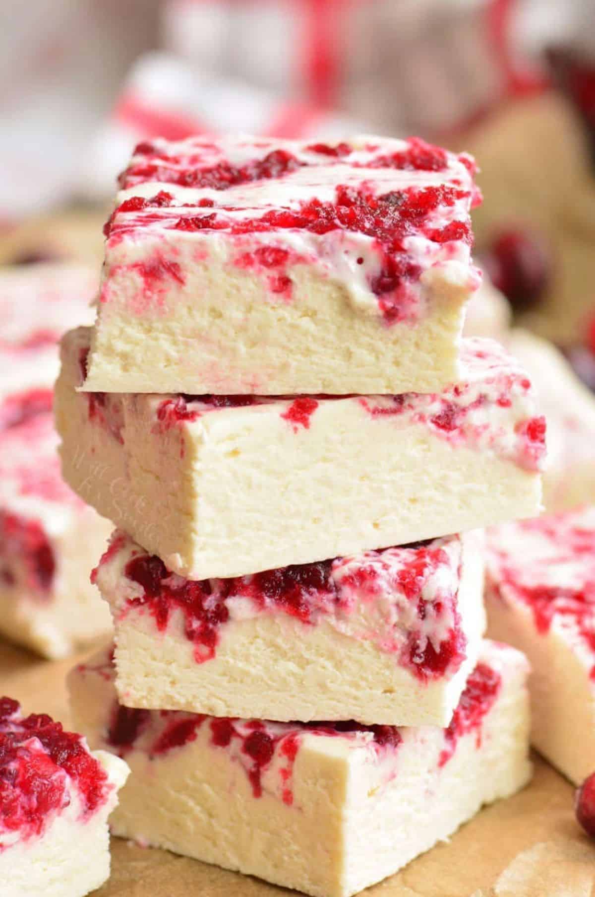 stack of four cranberry white chocolate squares.