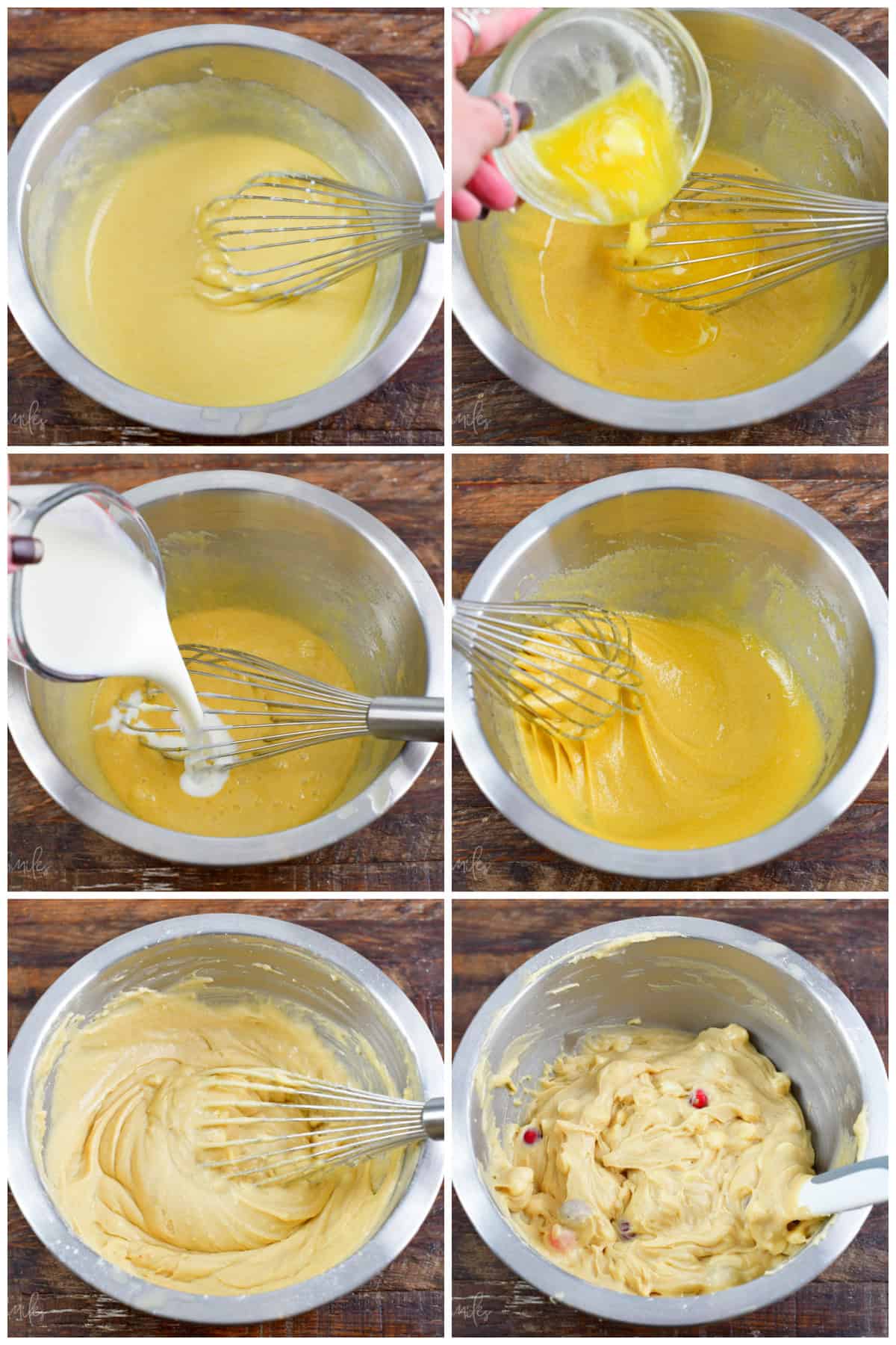 collage of six images of steps of preparing the cranberry muffins batter.