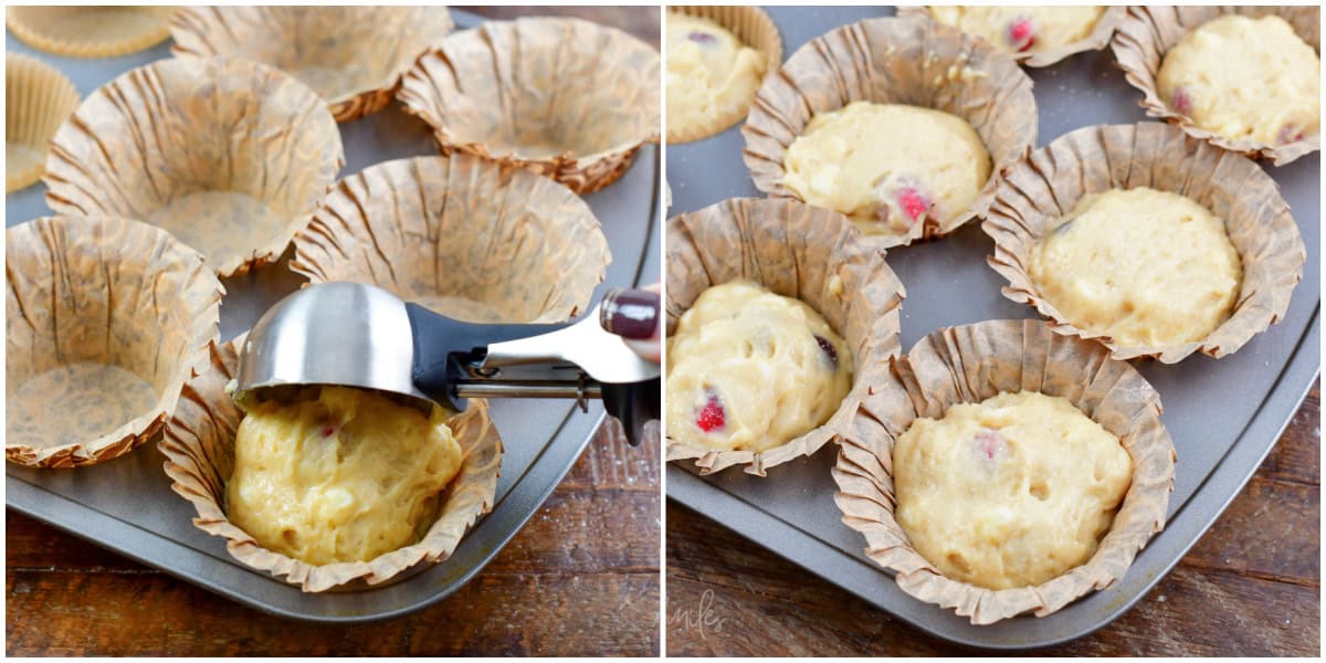 collage of two images of adding muffin batter to the cups and muffing before baking.