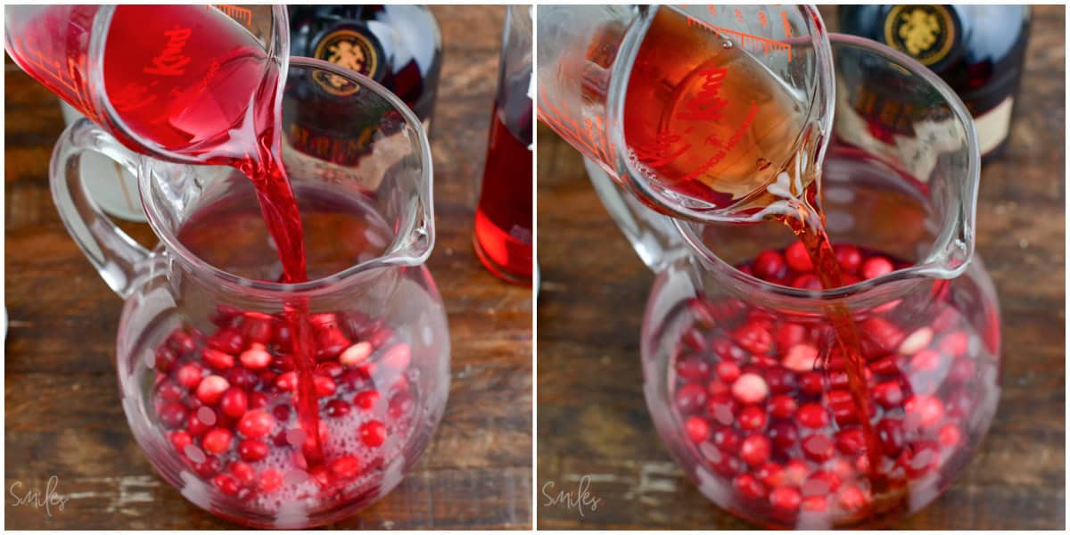 collage of two images of adding cranberry juice and brandy to the jar with cranberries.