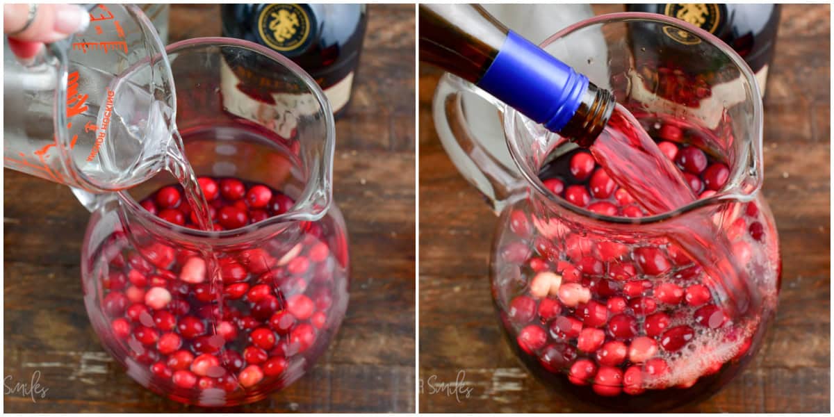 collage of two images of adding simple syrup and wine to the jar with cranberries.