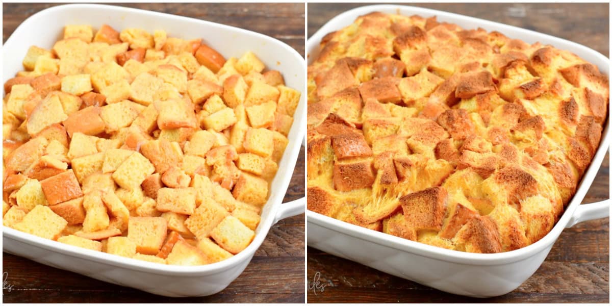 French toast casserole in the white baking dish before and after baking.