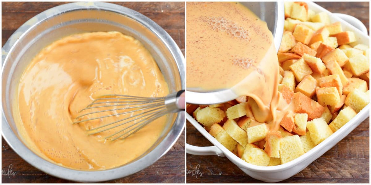 a collage of two images of whisking egg mixture and pouring it over the bread cubes.