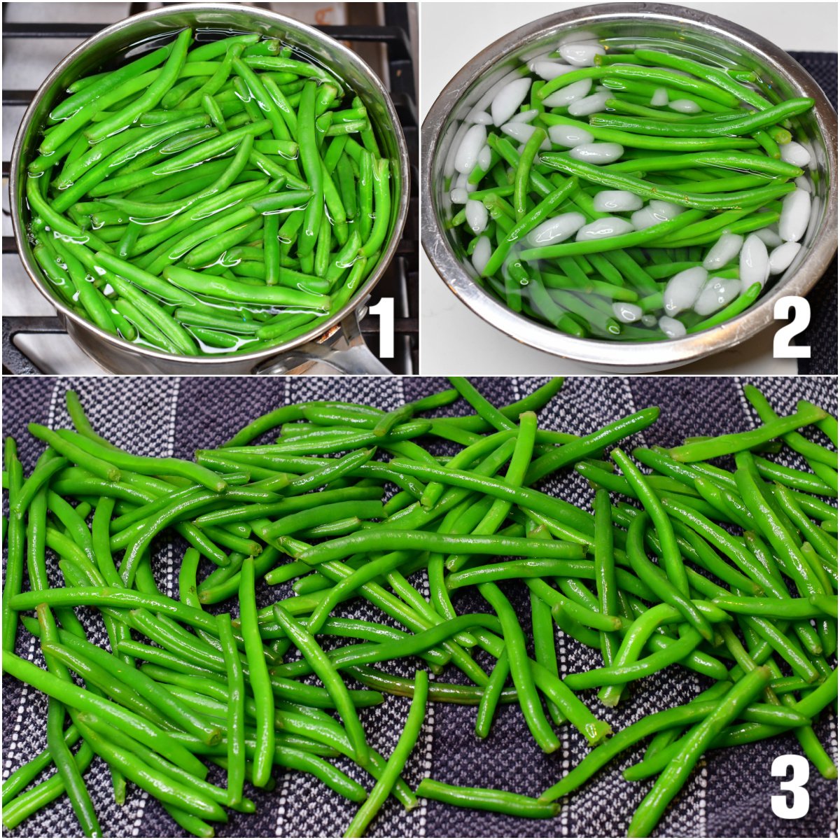 collage of three images of steps to blanch green beans.