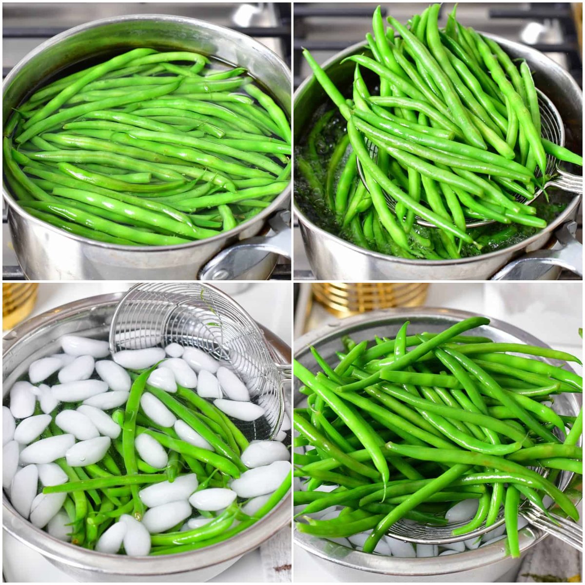 collage of four images of blanching haricots verts in a pot and ice bowl.