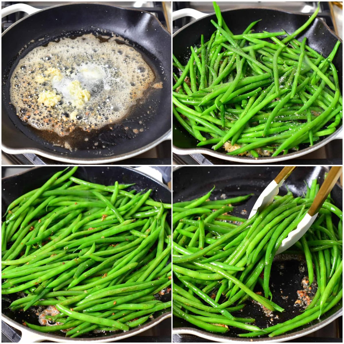 collage of four images of sautéing haricots verts in a cast iron pan.