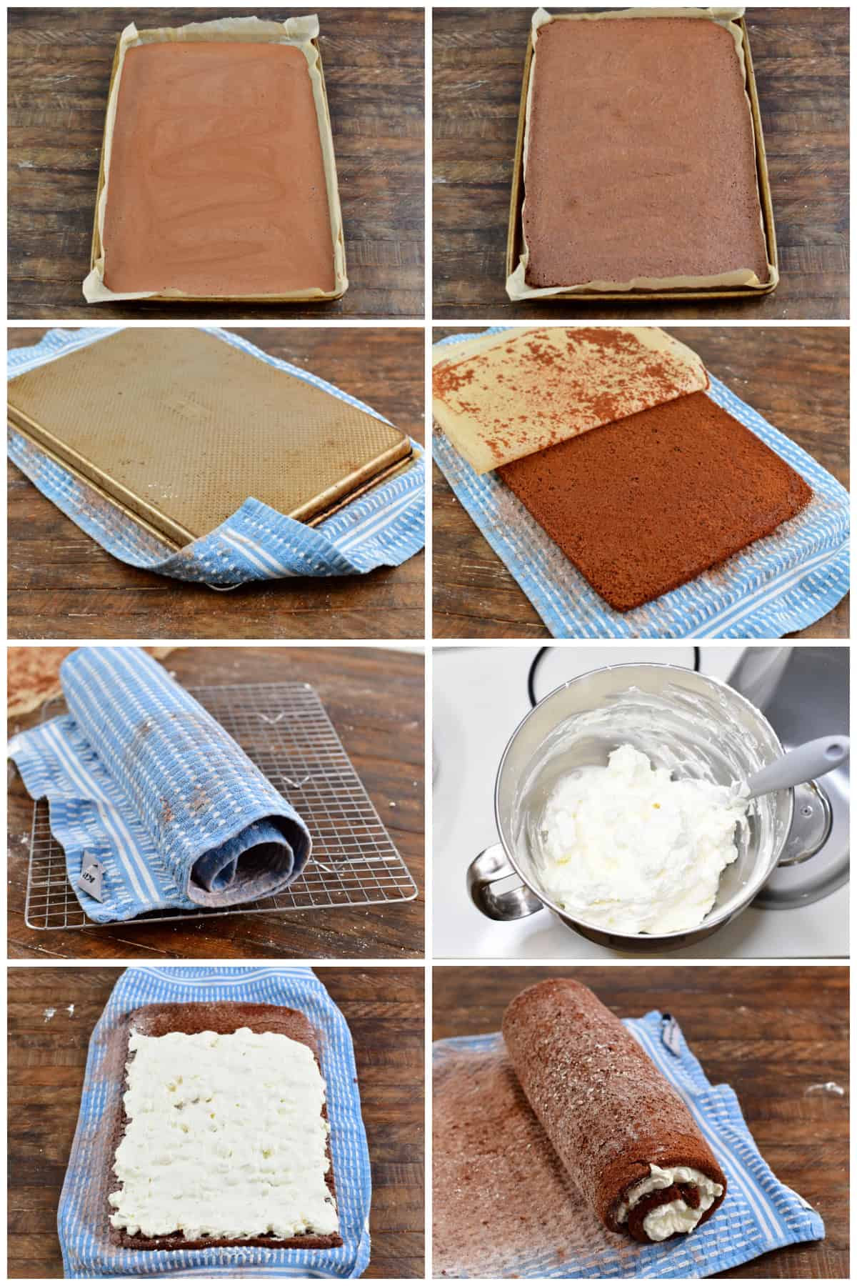 collage of eight images of rolling warm cake, adding frosting, and rolling it back.