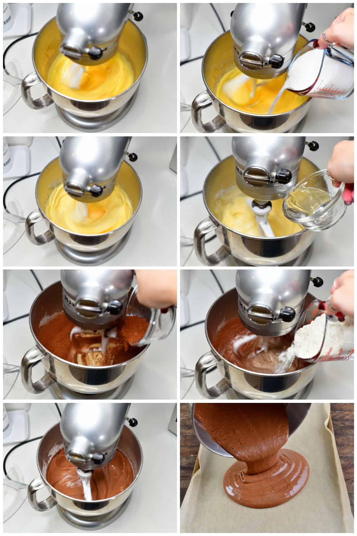 collage of eight images of steps to make the chocolate sponge cake batter.