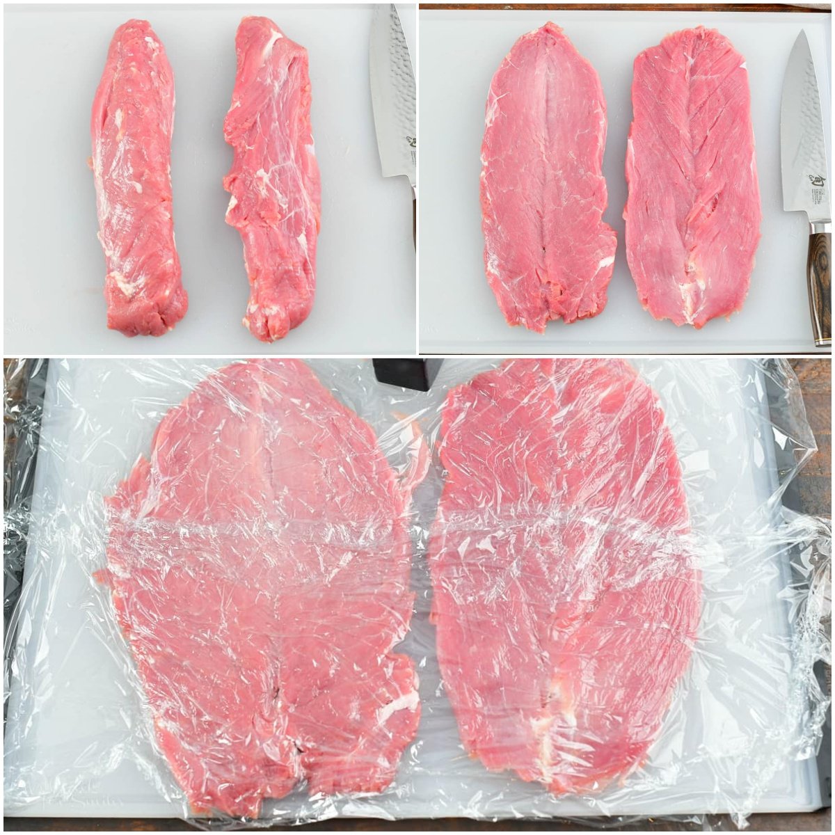 collage of three images showing how to butterfly and tenderize pork.