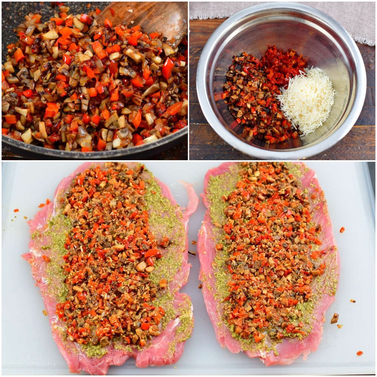 collage of three images of making pork stuffing and stuffing the pork tenderloin.