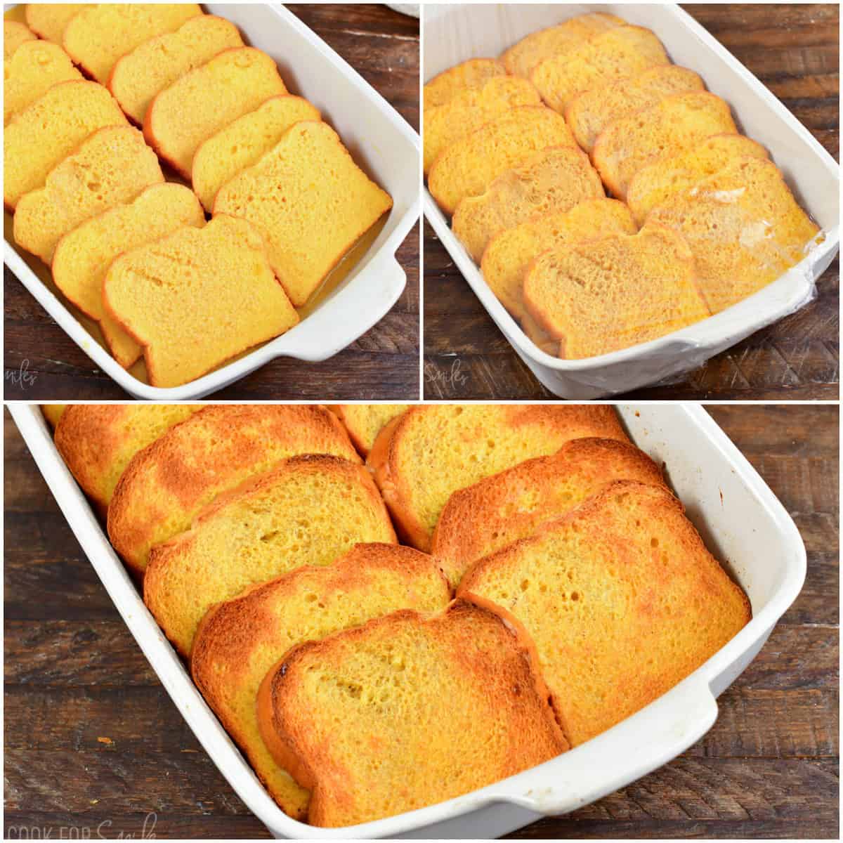 collage of three images of French toast bake before and after baking and soaking.