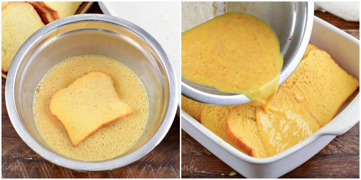 collage of two images of soaking Brioche bread and adding egg mixture to the pan.