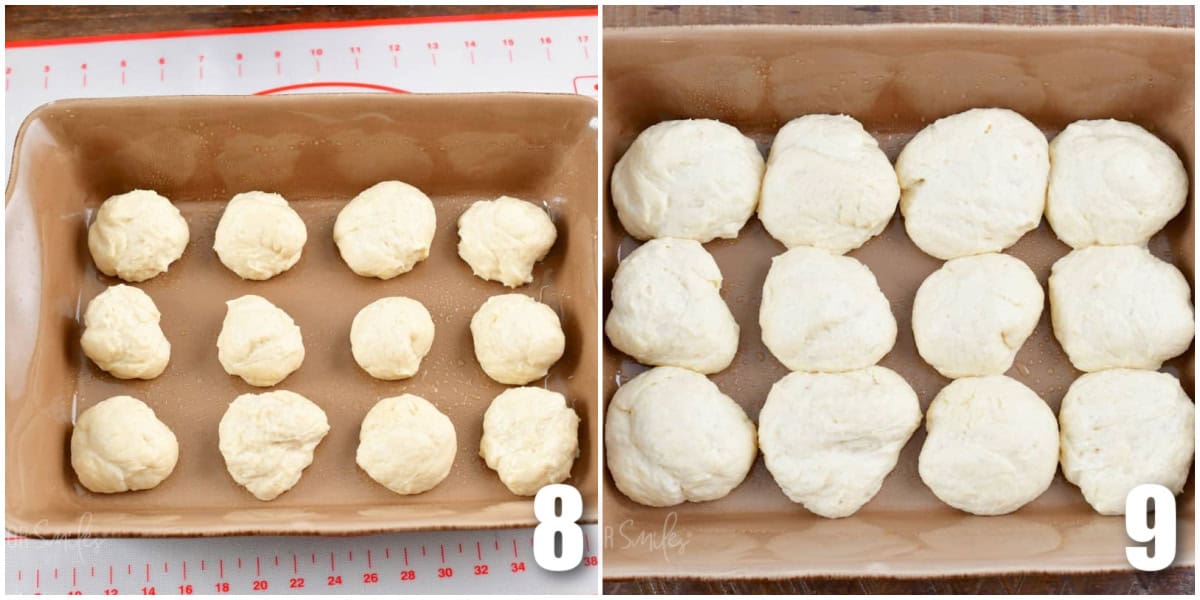 collage of two images of the rolls dough in the baking dish before and after raising.