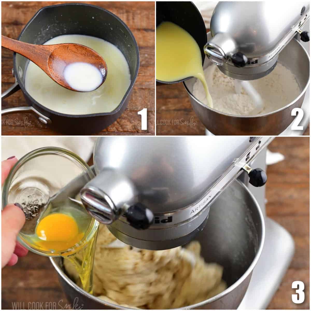 collage of three images of preparing the dough for rolls in the mixer.