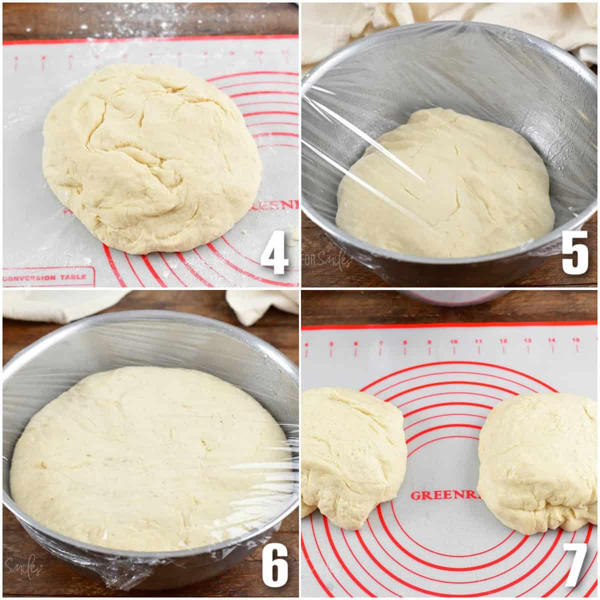 collage of four images of the yeast potato rolls dough in the bowl before and after raising.