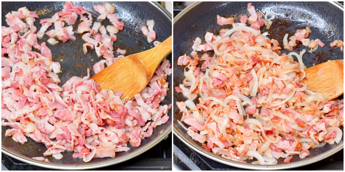 collage of two images of sautéing bacon in the pan and then bacon with onions.