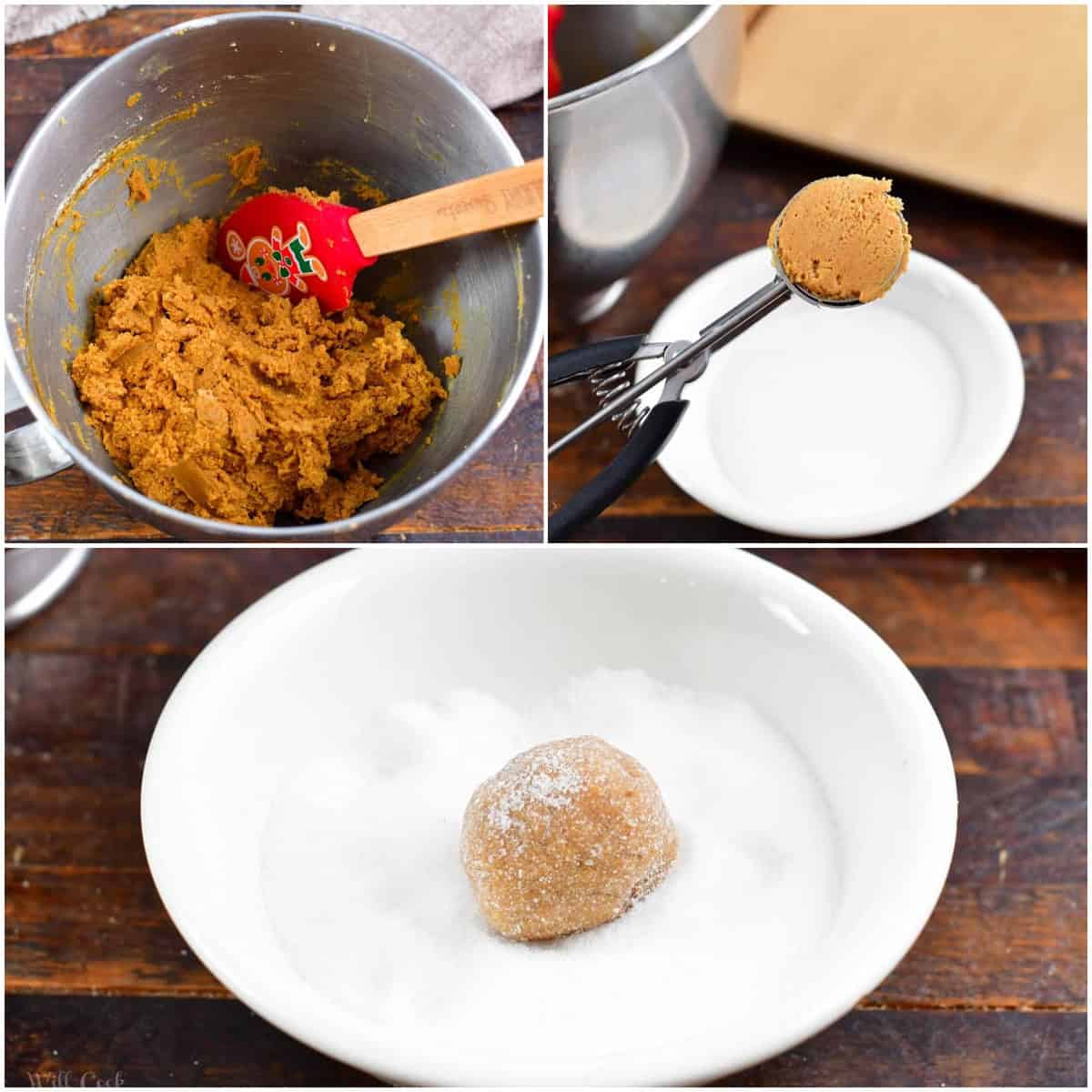 collage of three images of gingerbread cookie dough, scooping and rolling in sugar.