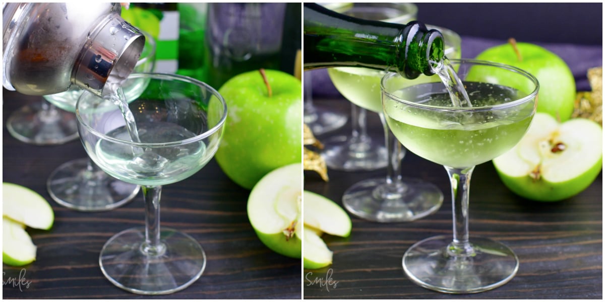 collage of two images of pouring in martini mixture and adding champagne.