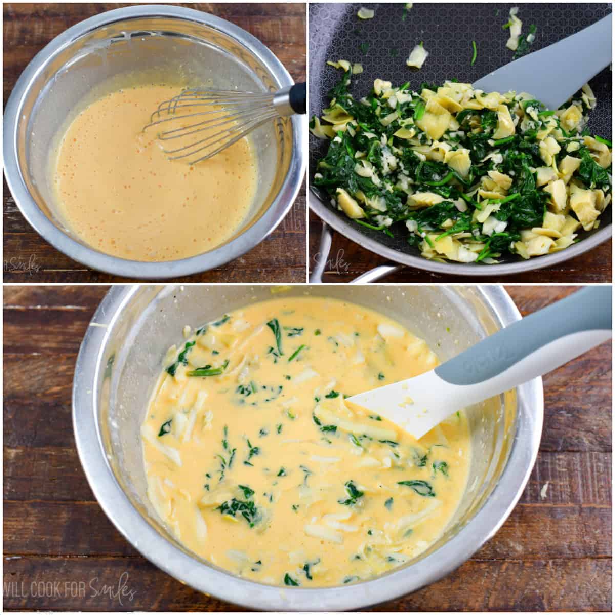 collage of three images of making egg mixture for quiche and spinach artichoke filling.