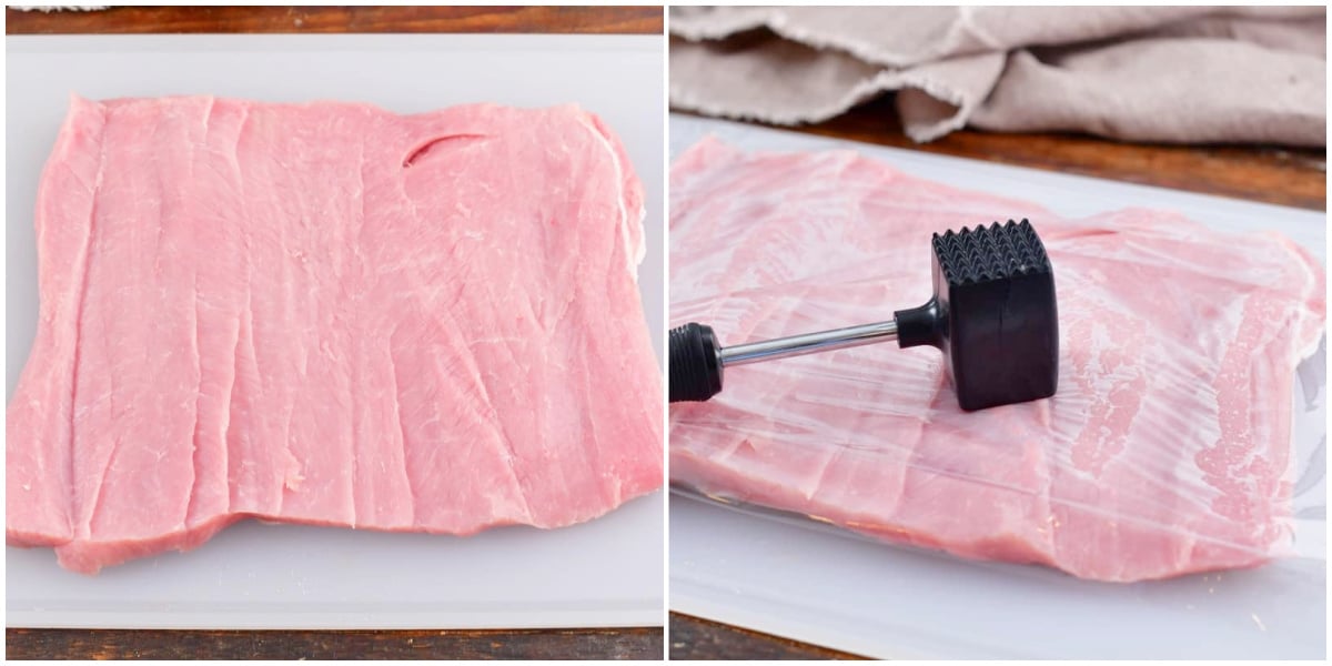 collage of two images of cut pork loin and tenderizing it.