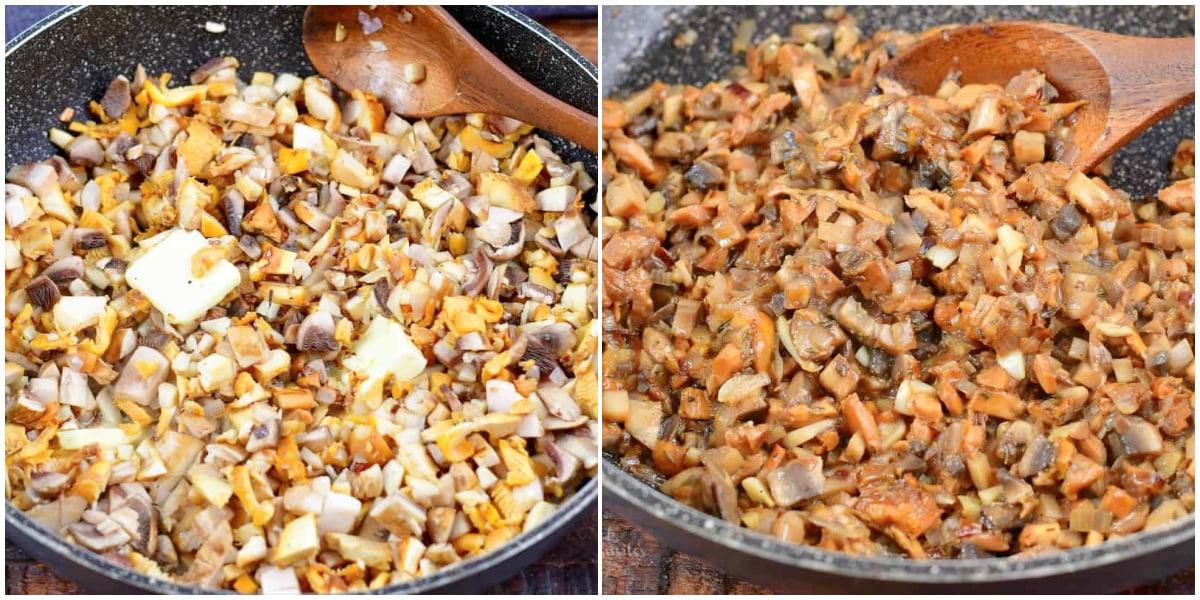 collage of two images of cooking mushrooms and cooked mushrooms in the pan.