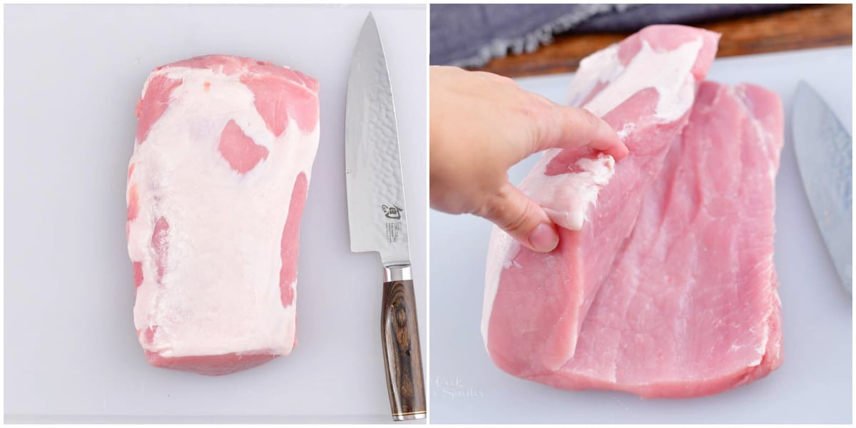 collage of two images of pork on the cutting board and cutting it.