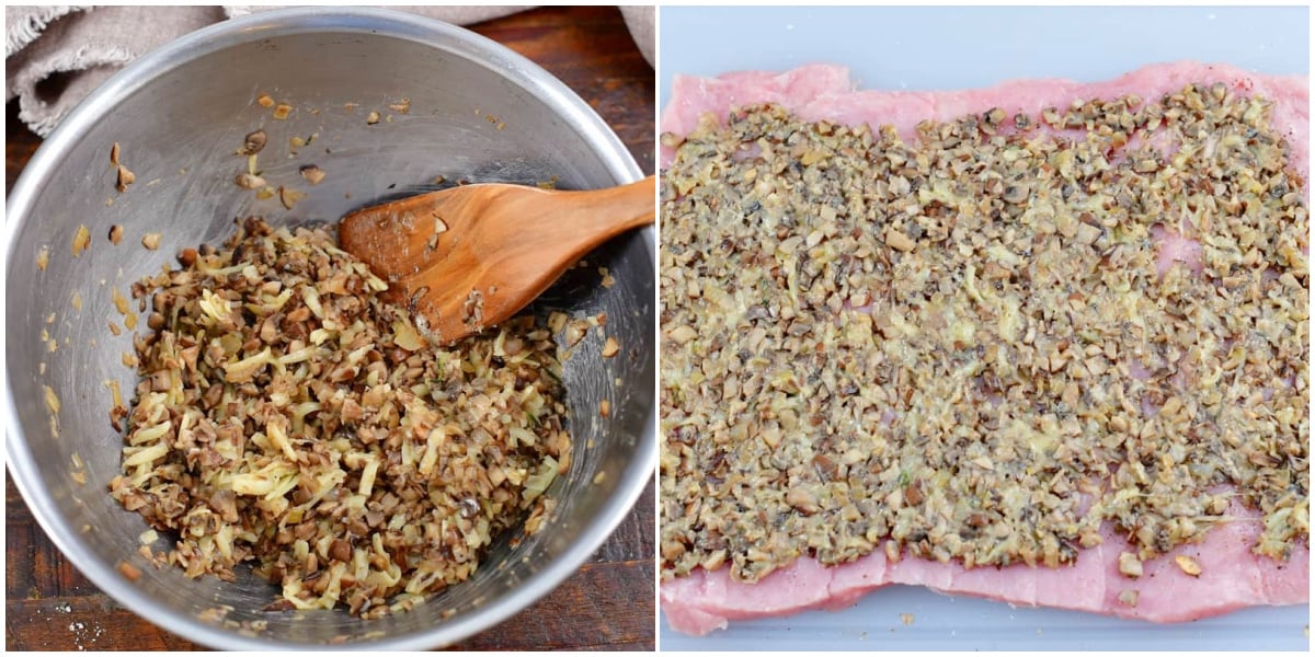 collage of two images of mixed mushroom filling in a bowl and spread on the pork loin.