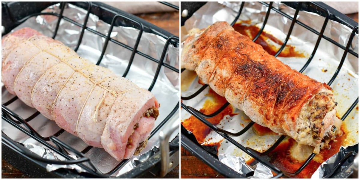 collage of two images of rolled, tied, and stuffed pork loin on the roasting pan before and after roasting.