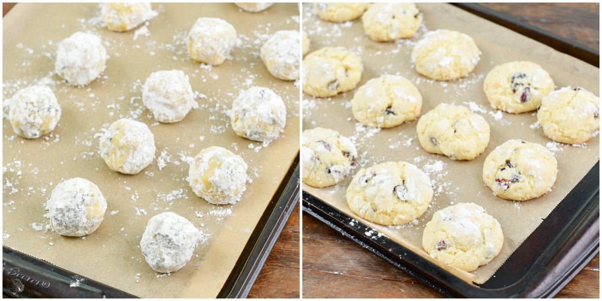 collage of two images of White Chocolate Cranberry Cream Cheese Cookies before and after baking.