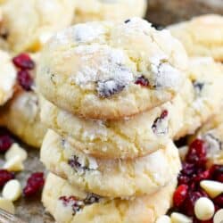 Four White Chocolate Cranberry Cookies stacked in the baking pan.