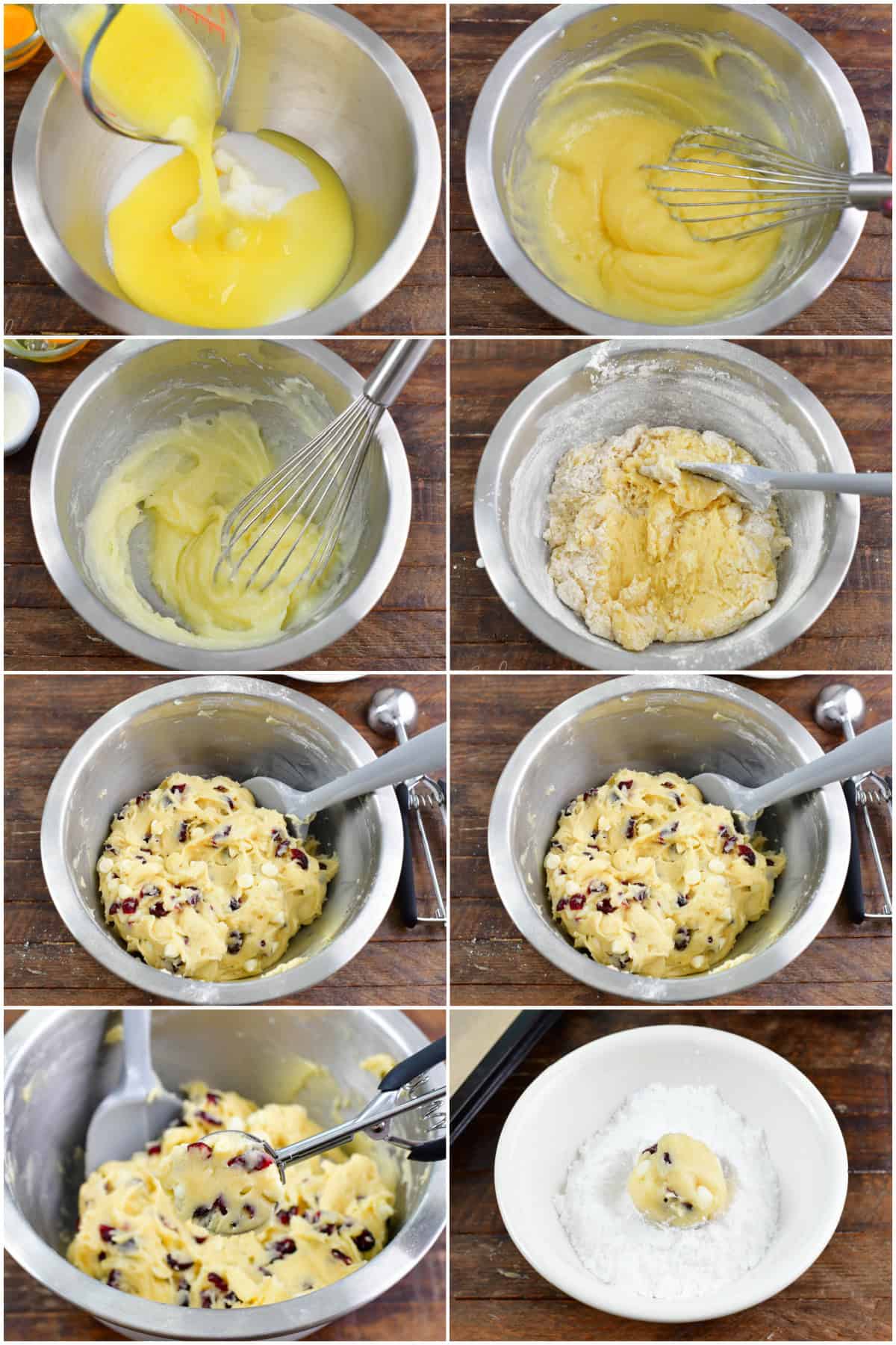 collage of eight images of process to make the white chocolate cranberry cookie batter.