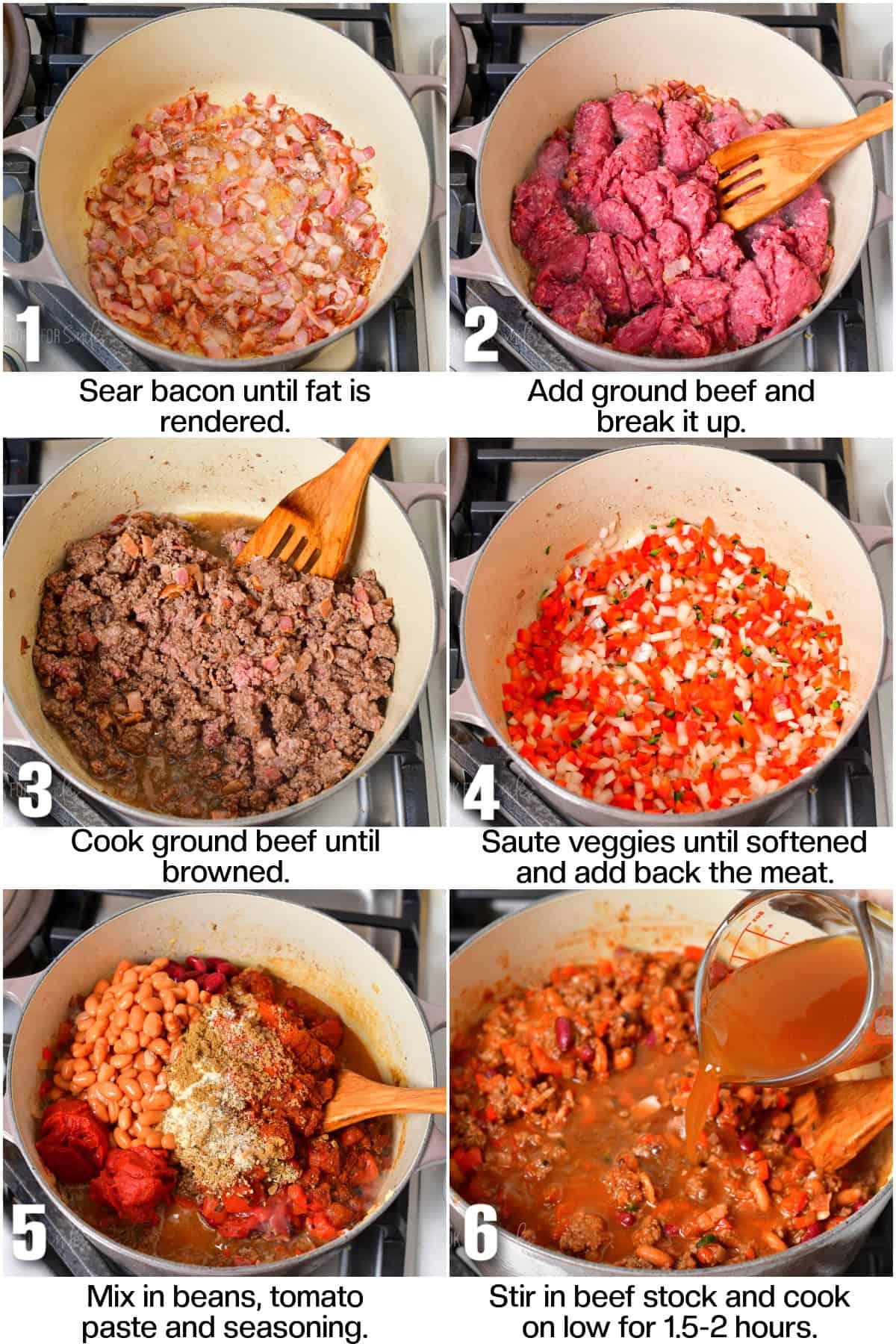 infographic with steps to cook the beef chili with steps labeled.