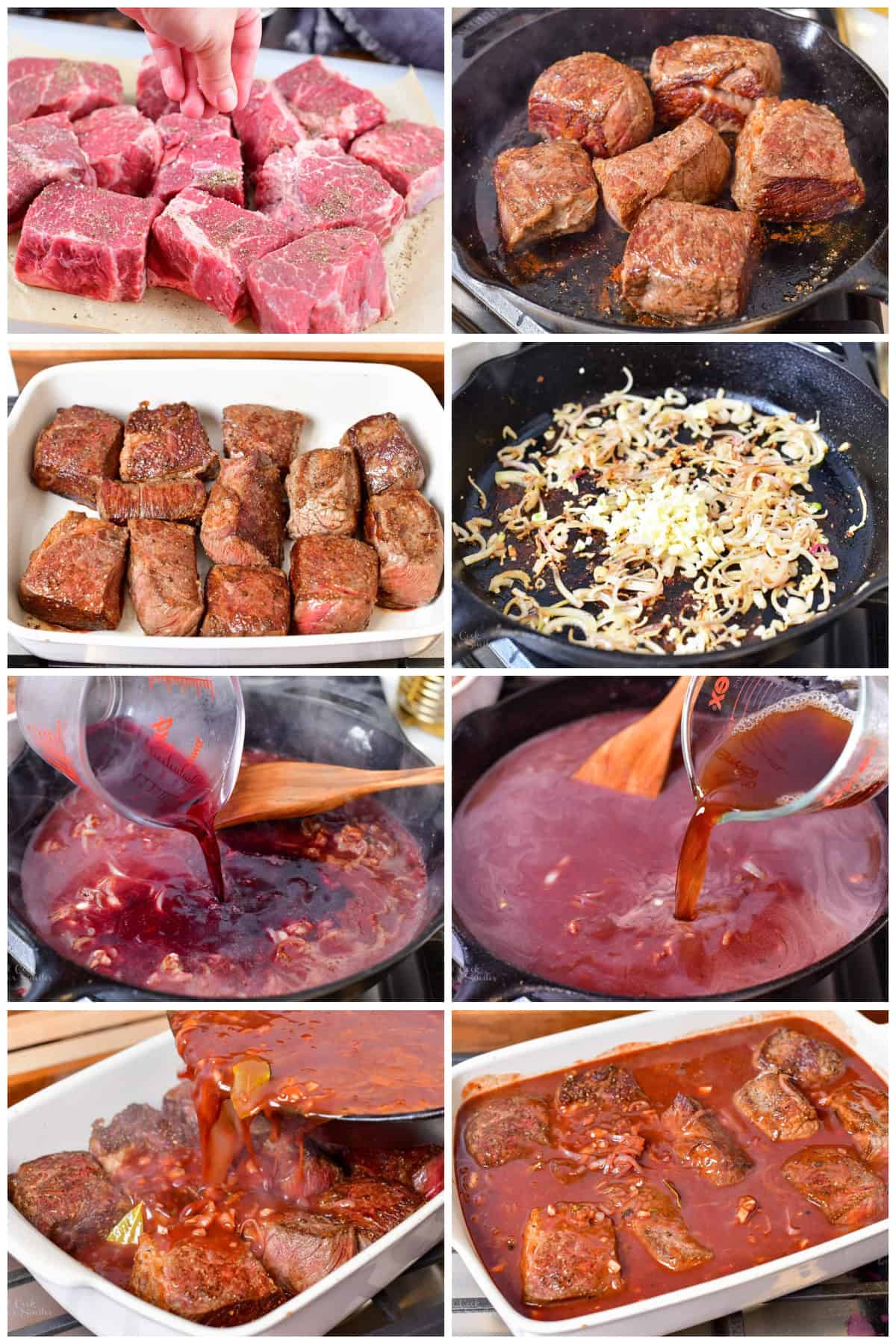 collage of eight images showing the steps to braised boneless short ribs and cook them in sauce.