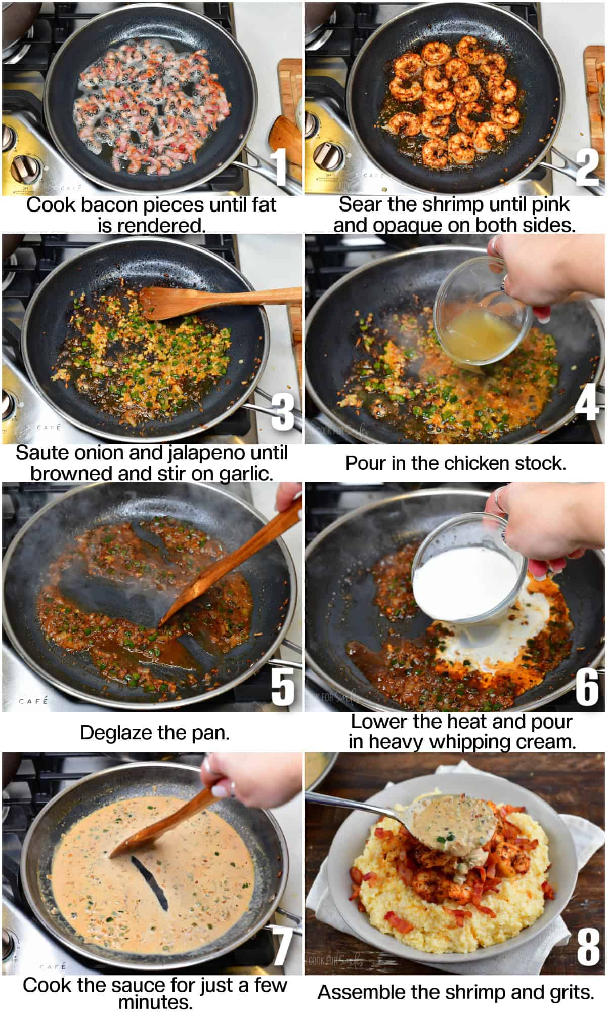 infographic of 8 images with cooking steps to make Cajun shrimp and grits.