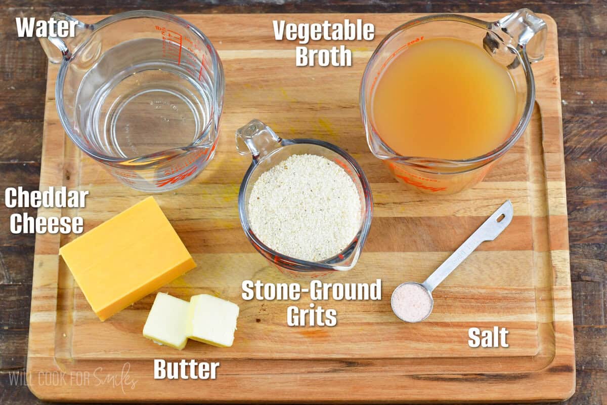 ingredients measured on the cutting board infographic for the cheesy grits recipe.