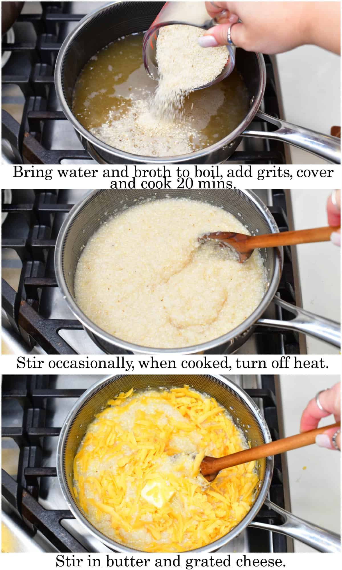 infographic of three images of cooking steps to make the cheesy grits.