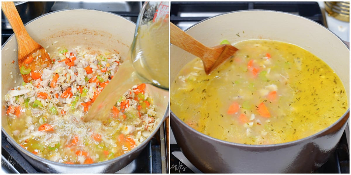 Collage of two images adding broth into the pot of soup and stirring with a wooden spoon.