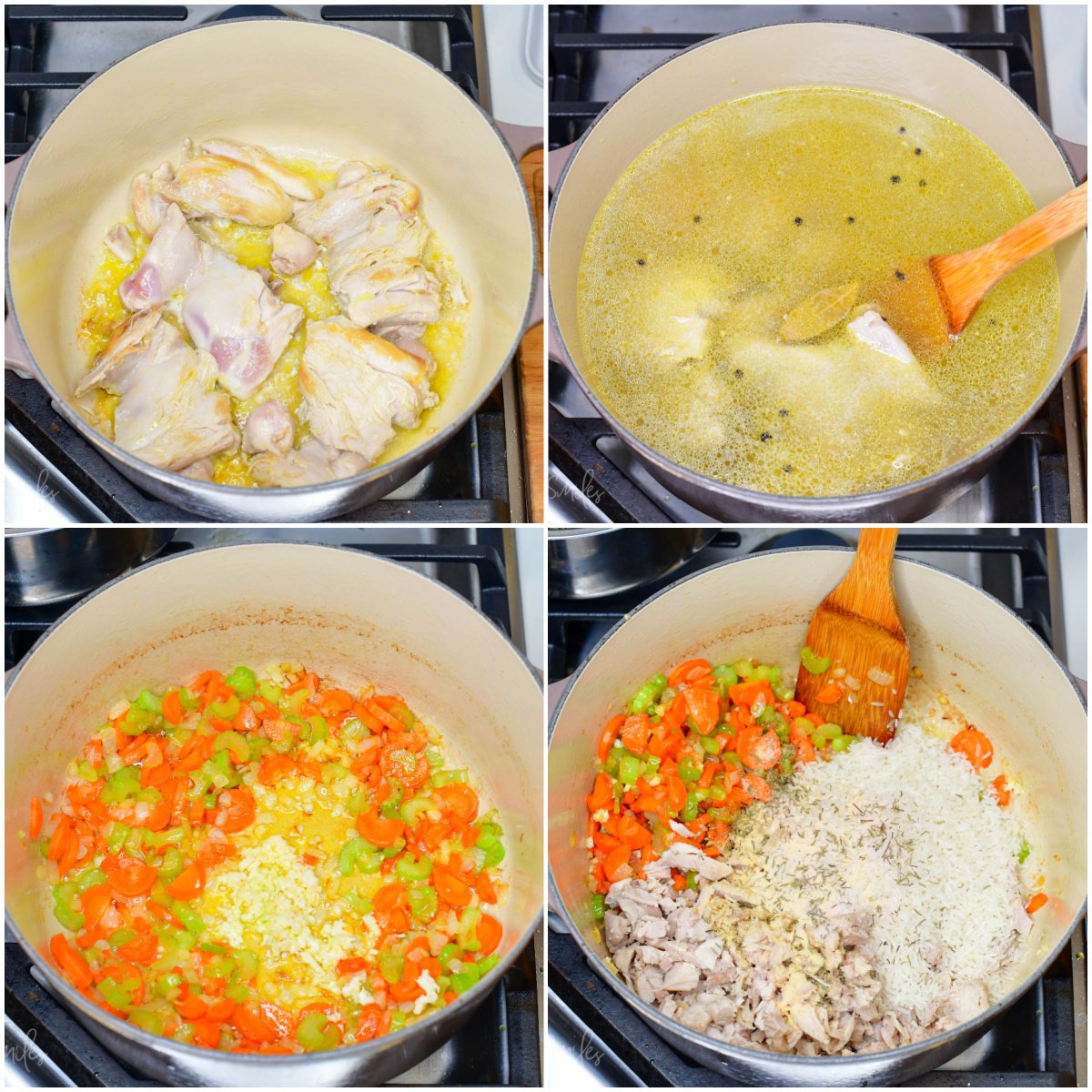 Collage of four images of cooking chicken and veggies in a stock pot with a wooden spoon.