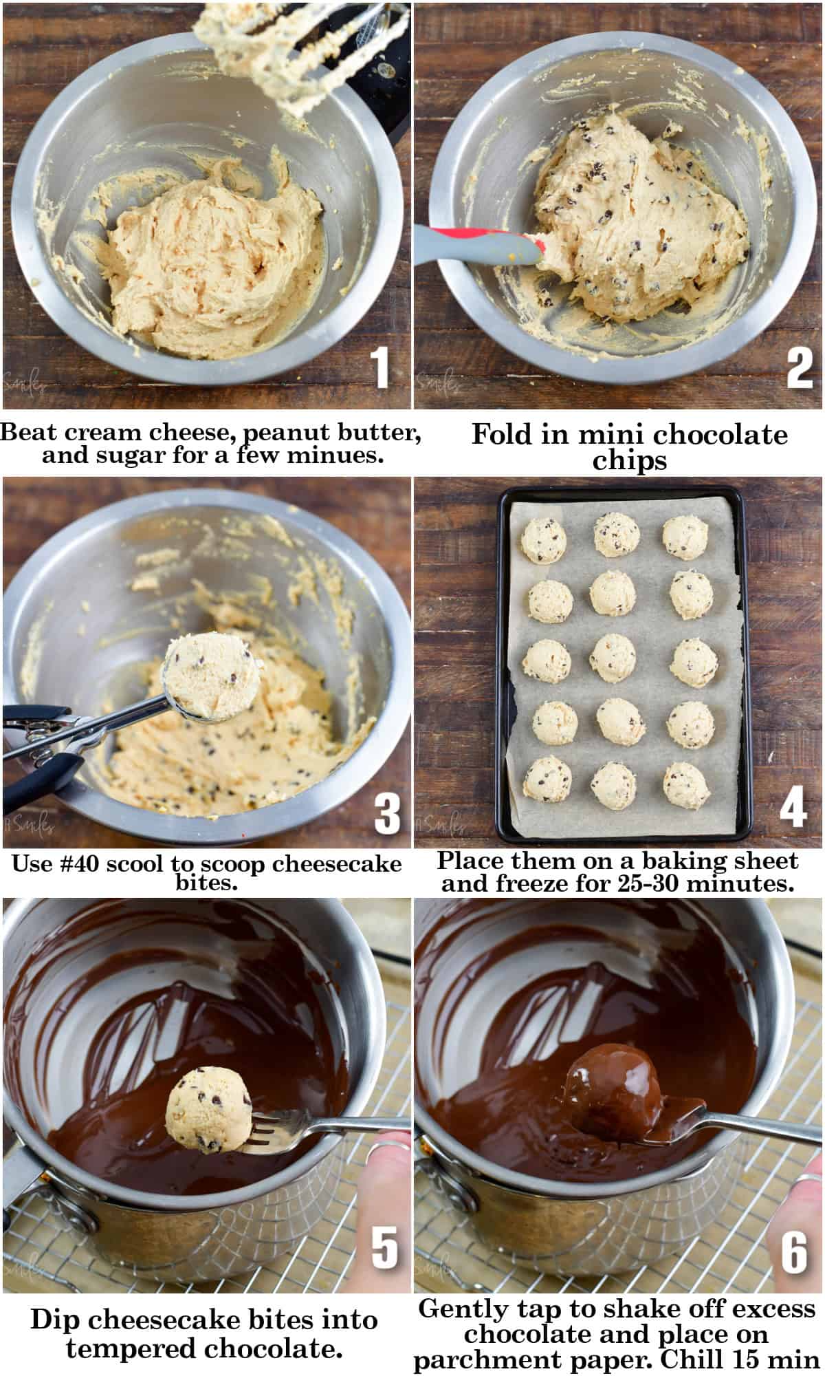 infographic of six images of steps to make the chocolate dipped cheesecake bites.