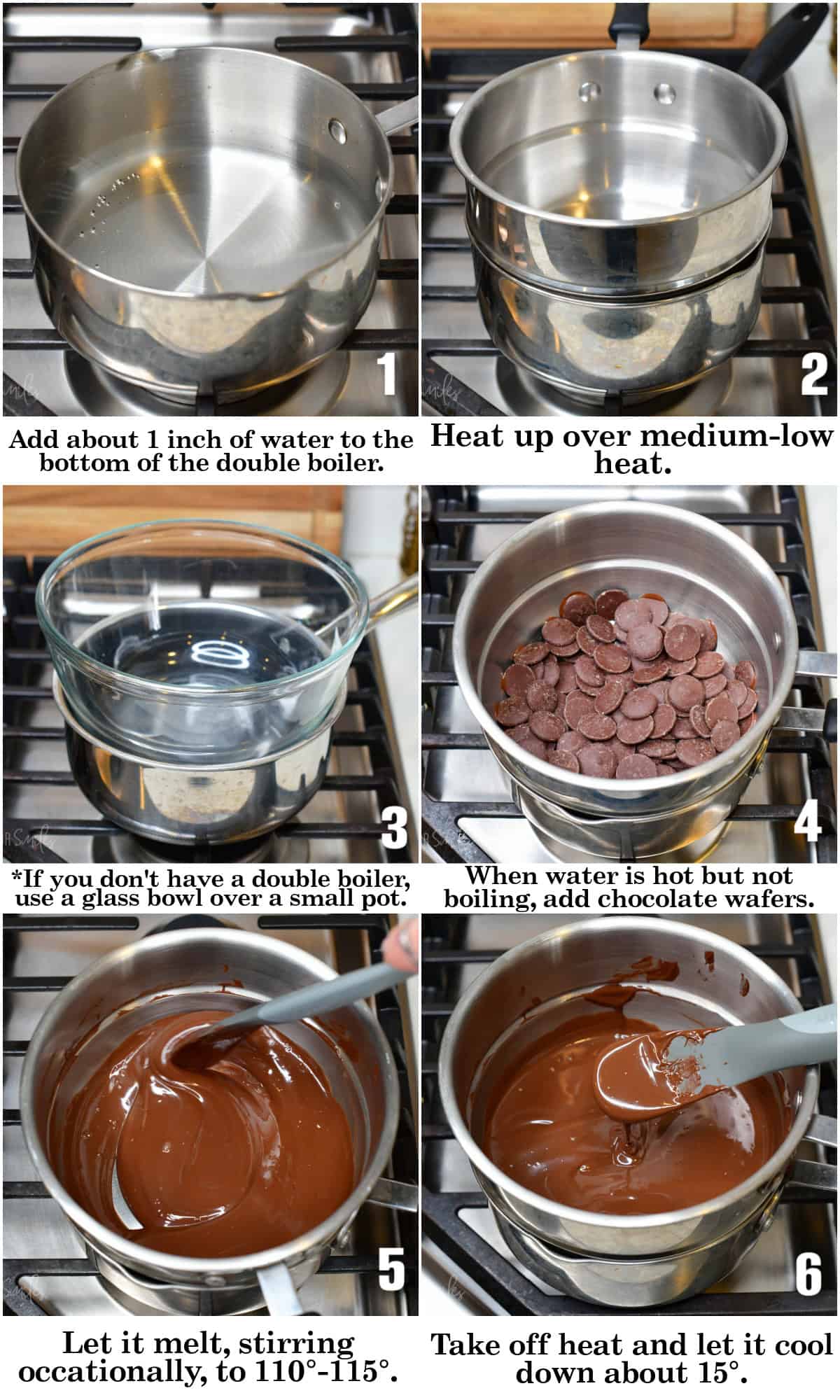 infographic of six images of steps of tempering chocolate.