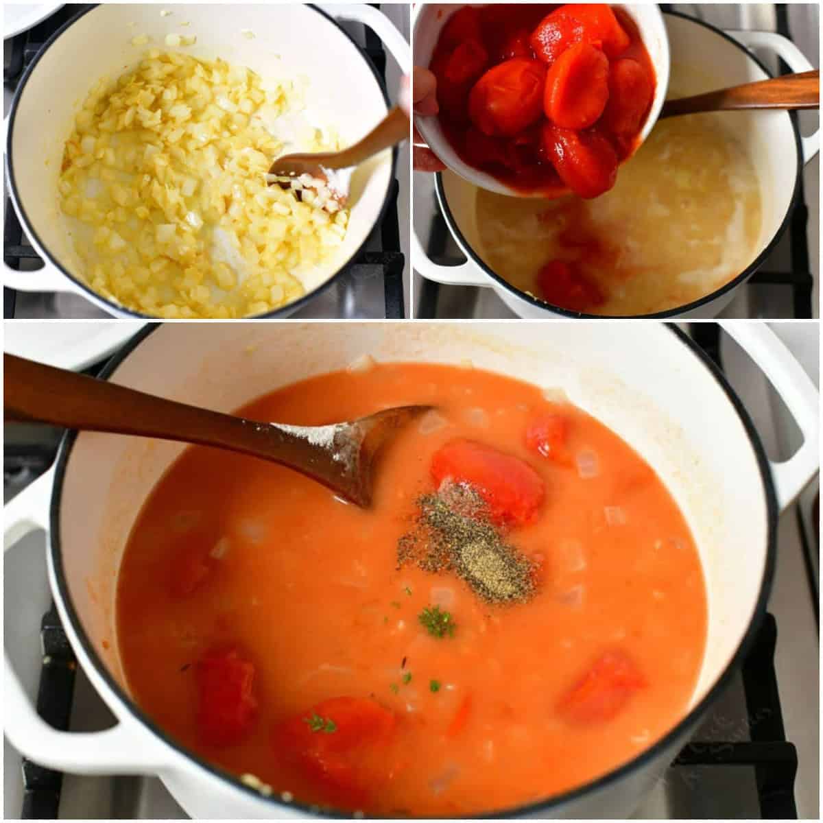 collage of three images of steps to cook tomato soup in a Dutch oven.